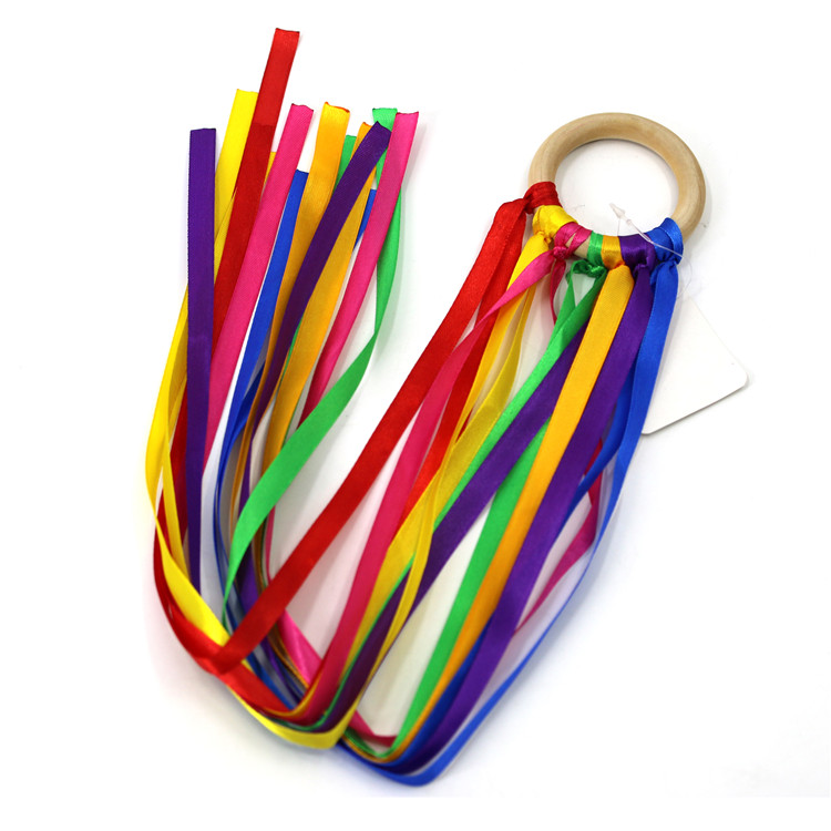 6cm Wooden Montessori pastel Rainbow Sensory Ribbon Ring Fidget Toy 